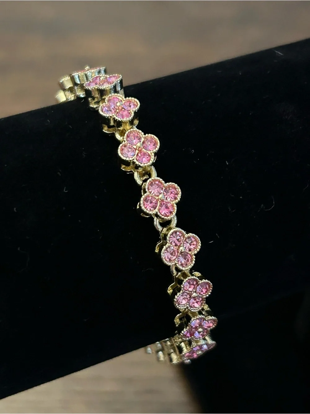 Gold Tone Pink Crystal Flower Link Bracelet - Women's Jewelry